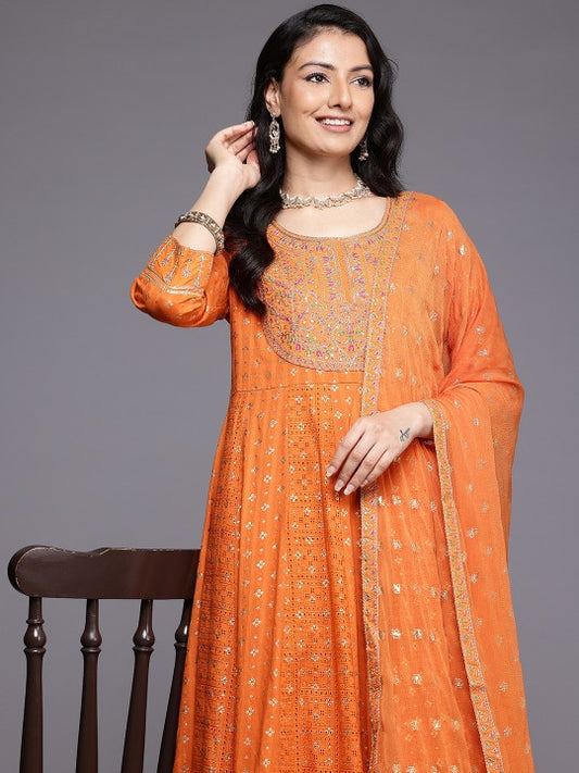 Varanga Ethnic Motifs Embroidered Pleated Mirror Work Pure Cotton Kurta Set