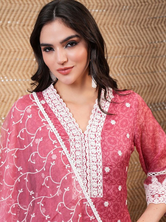 Vishudh Rose Floral Embroidered Straight Kurta & Trousers With Dupatta