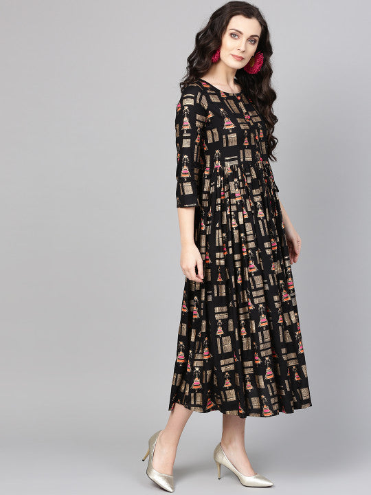 Varanga Black Quirky Print Empire Dress