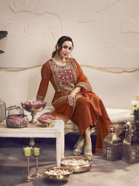 Inddus Women Floral Zari Sequined Embroidered Yoke Design Kurta