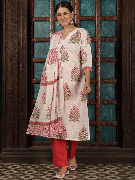 Taavi Women Floral Hand Block Printed Pure Cotton Kurta With Trousers & Dupatta
