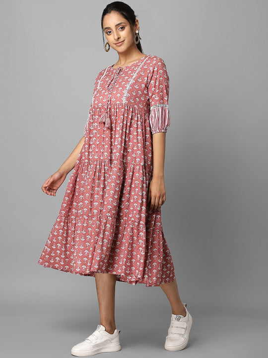 Azira Pink Ethnic Motifs Tie-Up Neck Cotton A-Line Midi Dress