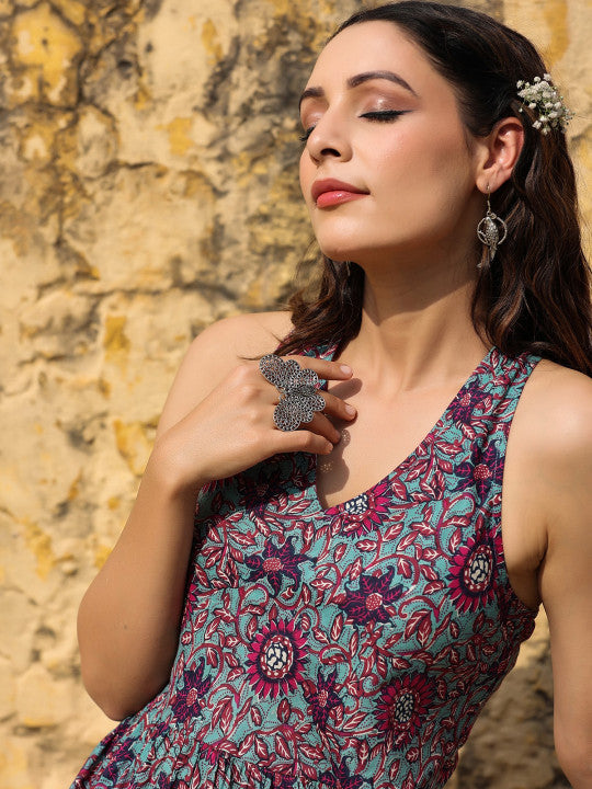 Printed Pure Cotton Flared Sleeveless Dress
