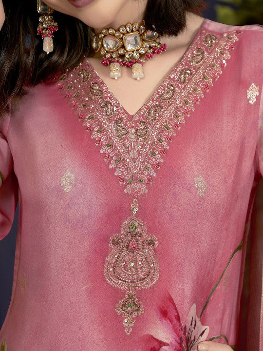 Anouk Peach Floral Printed Jacquard Organza Straight Kurta
