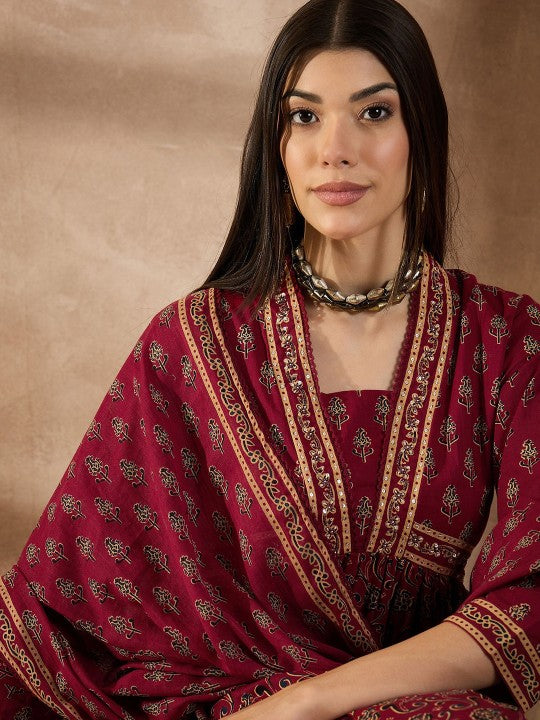 all about you Ethnic Motif Printed Beads & Stones Pleated Kurta With Trouser & Dupatta