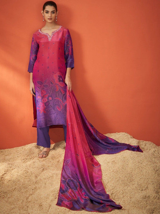 AUTUMN LANE Women Floral Printed Round Neck Straight Kurta & Trousers With Dupatta
