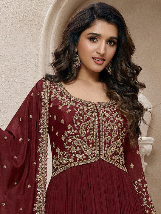 Trendmalls Women Ethnic Motifs Embroidered Pleated Sequinned Silk Chiffon Kurta with Trousers & With Dupatta