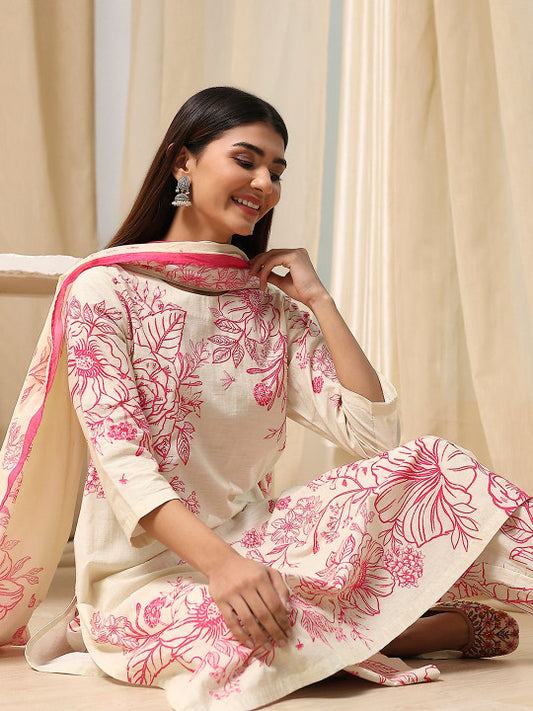 Biba Women Ethnic Motifs Printed Regular Pure Cotton Kurta with Palazzos & With Dupatta