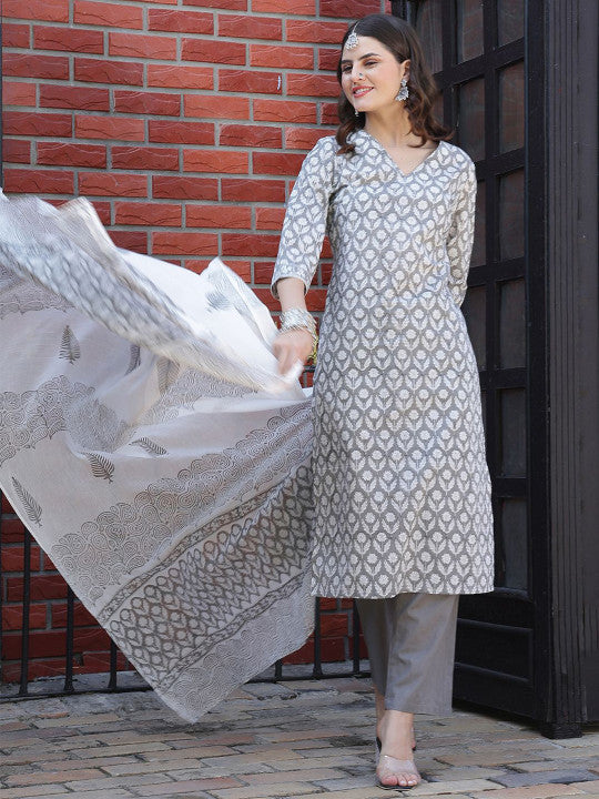 Taavi Floral Hand Block Print V-Neck Pure Cotton Kurta With Trousers & Dupatta