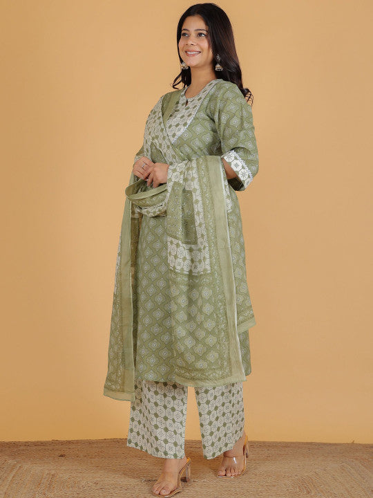 Aramya Women Ethnic Motifs Printed Cotton Kurta with Palazzo & Dupatta
