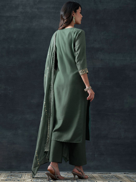 Gerua By Libas Floral Embroidered Thread Work Straight Kurta With Trousers & Dupatta