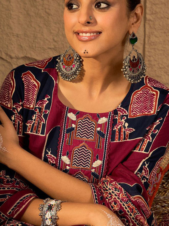 Indo Era Printed Straight Kurta & Trousers With Dupatta set