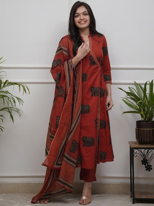 GoSriKi Printed Anarkali Kurta with Trousers & Dupatta