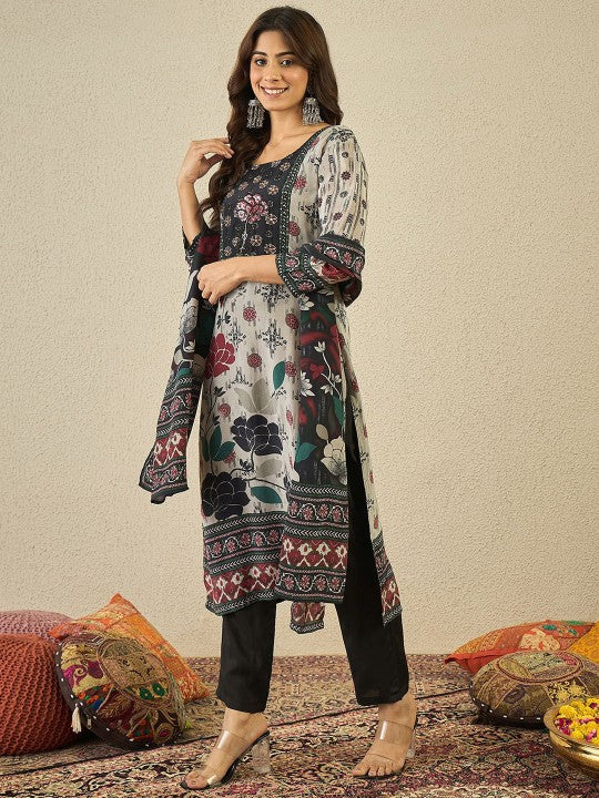 Inddus Women Floral Printed Hand Embroidered Kurta Set with Dupatta