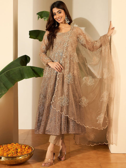 Inddus Women Floral Embroidered Round Neck Thread Work Kurta with Trousers & With Dupatta