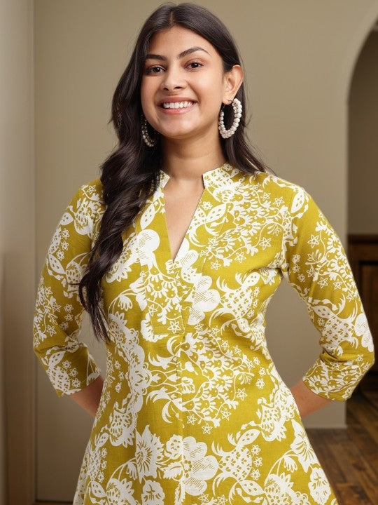 SZN Women Mehendi Green Floral Print Flare Cotton Stitched Co-Ord Set