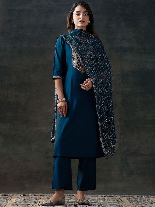 Gerua By Libas Floral Yoke Design Sequinned Straight Kurta With Trousers & Dupatta