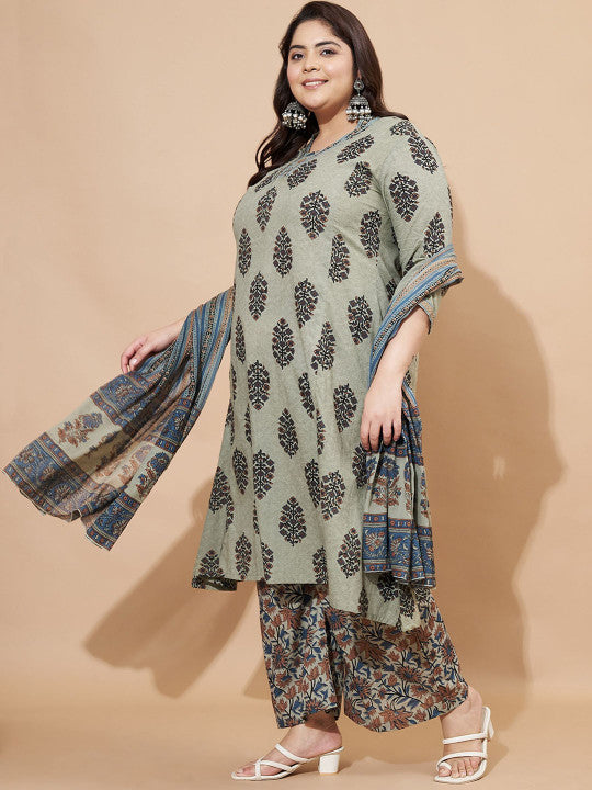Vbuyz Grey Floral Printed V-Neck Regular Straight Kurta With Palazzos With Dupatta
