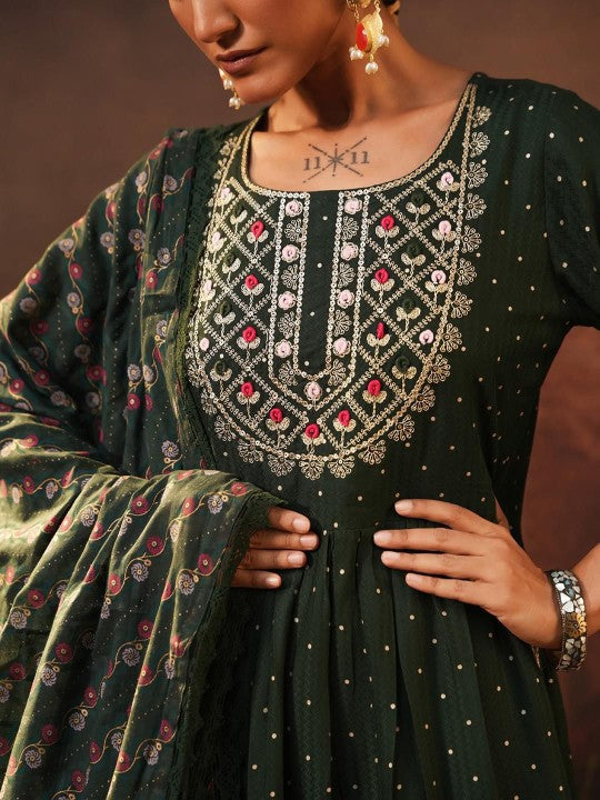 Ishin Geometric Printed Zari Anarkali Kurta With Trousers And Dupatta