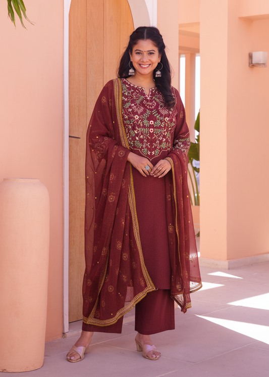 Embroidered Viscose Solid Straight Maroon Kurta