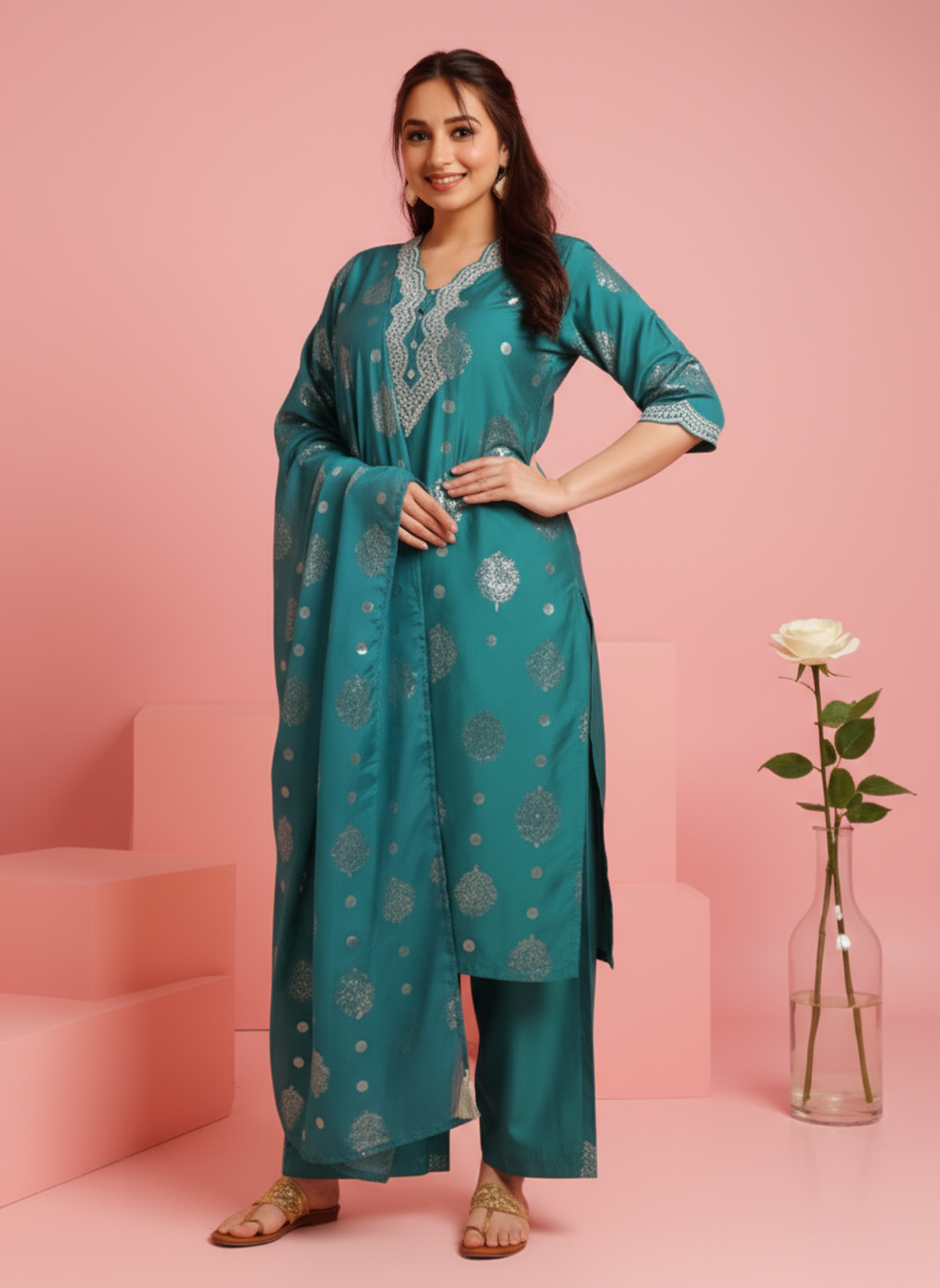 Embroidered Roman silk Gold foil Straight Green Kurta