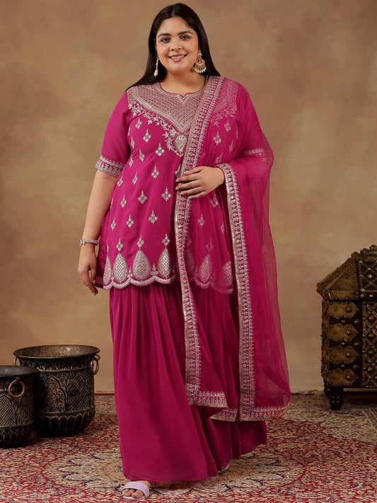 INDDUS PLUS Plus Size Embroidered Sequin Georgette Straight Kurta