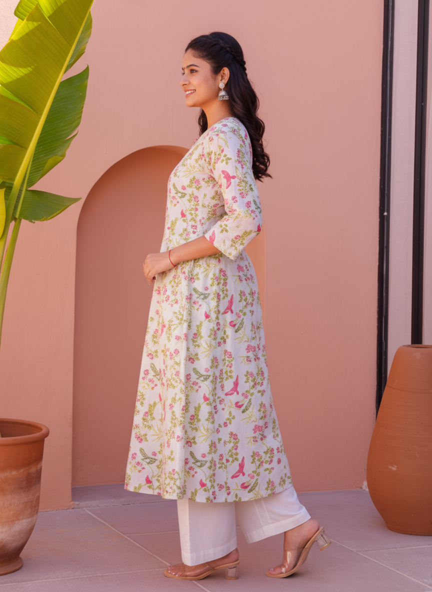 Soft Cotton Floral Flared Off White Kurta