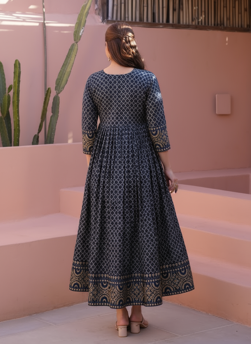 Soft Cotton Geometric Gathered Rust Dress