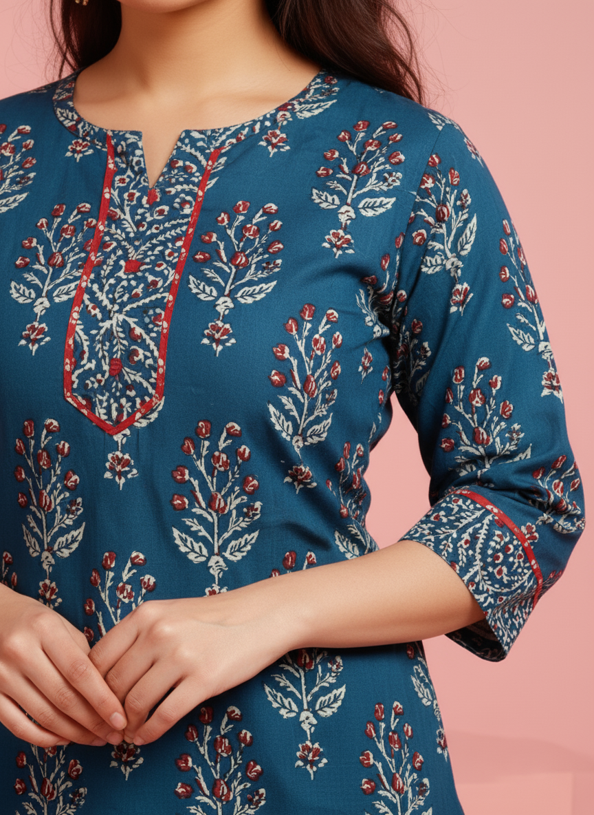 Soft Cotton Floral Straight Blue Kurta