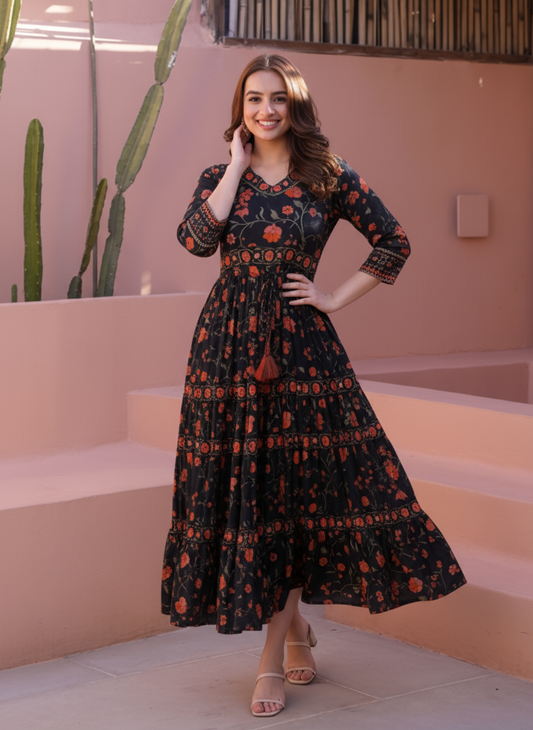 Viscose Floral Anarkali Maroon Dress