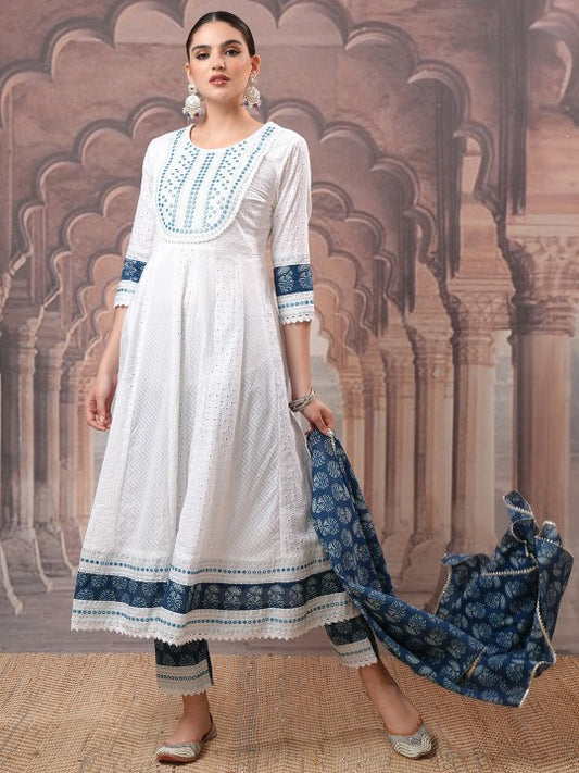 Vishudh Embroidered Regular Thread Work Pure Cotton Kurta with Trouser & Dupatta
