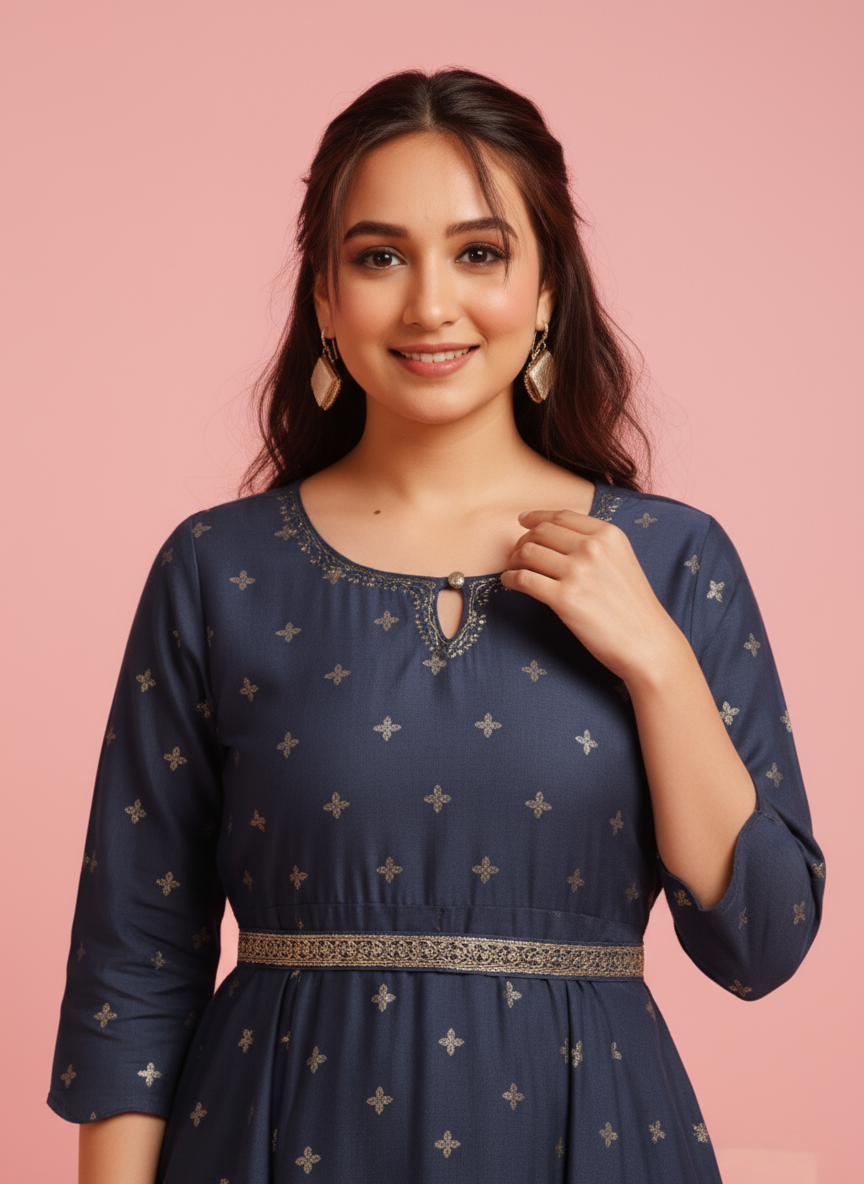 Embroidered Muslin Gold foil Anarkali Blue Dress