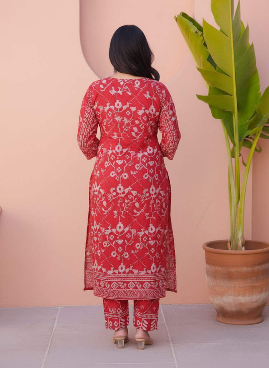 Soft Cotton Placement Print Straight Red Kurta