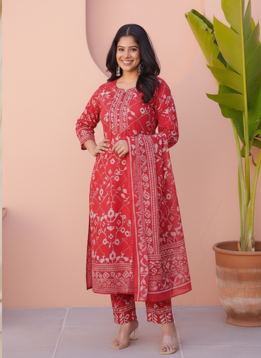 Soft Cotton Placement Print Straight Red Kurta