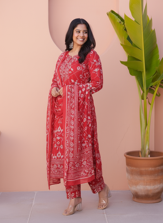 Soft Cotton Placement Print Straight Red Kurta
