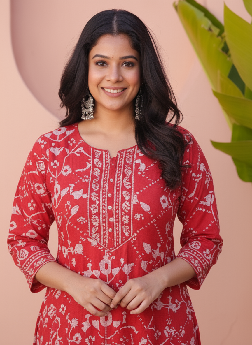 Soft Cotton Placement Print Straight Red Kurta