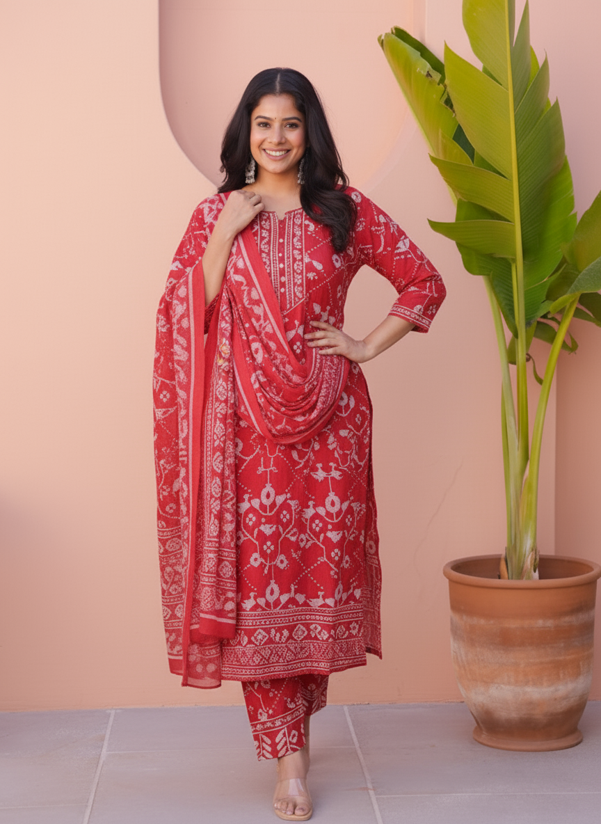 Soft Cotton Placement Print Straight Red Kurta