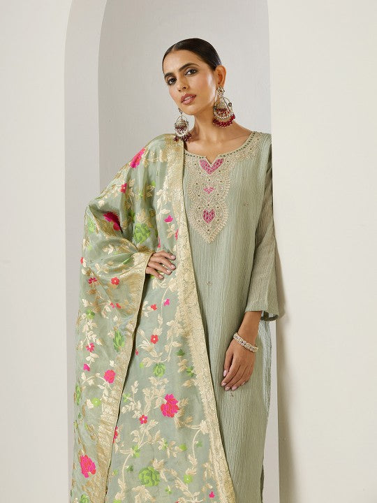 Ishin Green Ethnic Motifs Embroidered Chanderi Silk Straight Kurta