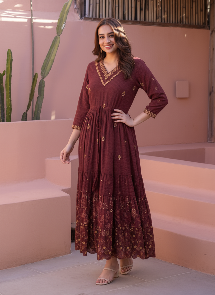 Viscose Floral Anarkali Wine Dress