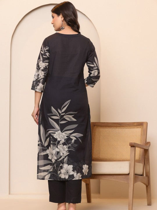 Varanga Women Floral Printed Regular Thread Work Pure Cotton Kurta with Trousers & With Dupatta