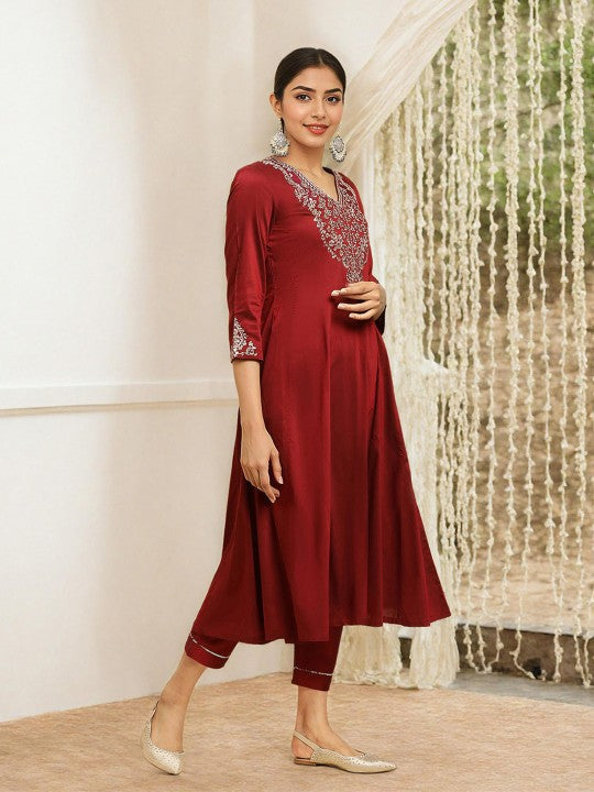 W Festive Solid Rayon Kurta With Slim Pant & Dupatta