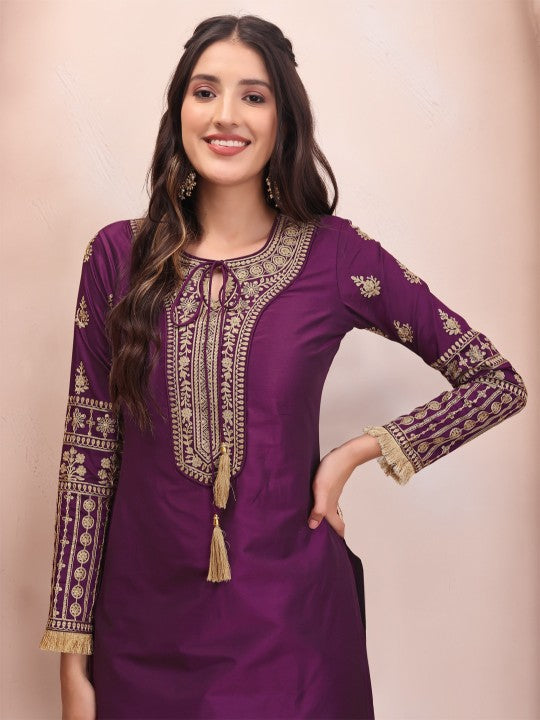 Inddus Purple Ethnic Motifs Embroidered Kurta