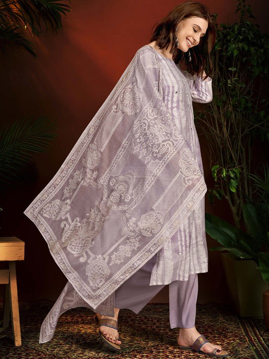 Anouk Green Striped Mirror Work Chanderi Silk Straight Kurta