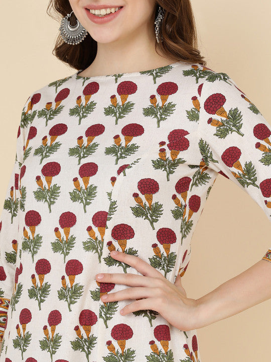 HERE&NOW Women White & Red Ethnic Motifs Ethnic A-Line Midi Ethnic Dress