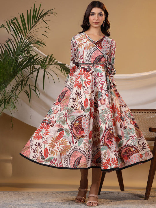 Printed Bell Sleeves Pure Cotton Wrap Midi Ethnic Dress