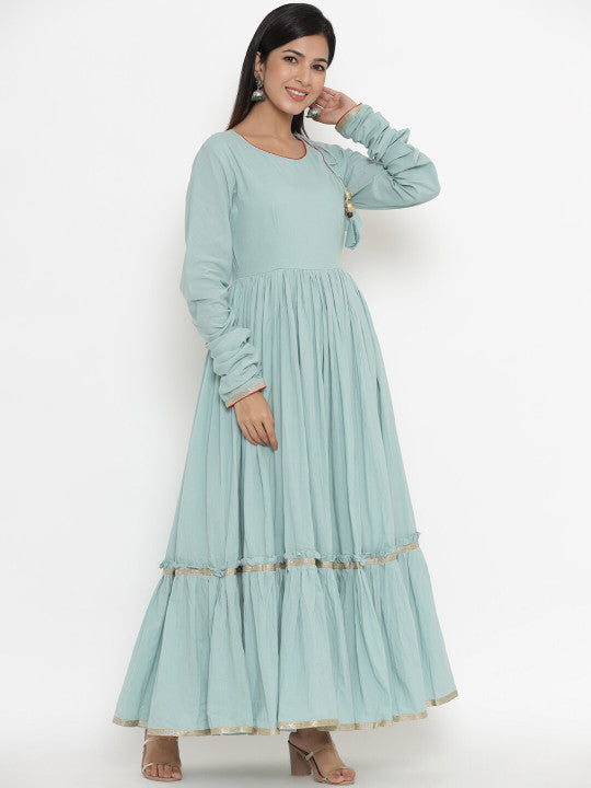 Indian Virasat Sea Green Cotton Ethnic Maxi Dress