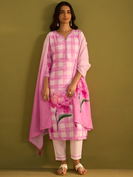 Indo Era Checked  V-Neck Linen Straight Kurta With Trousers & Dupatta