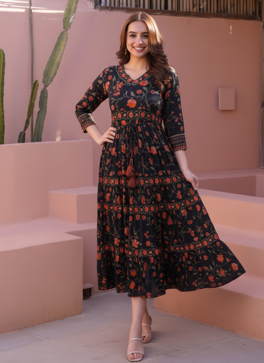 Viscose Floral Anarkali Maroon Dress