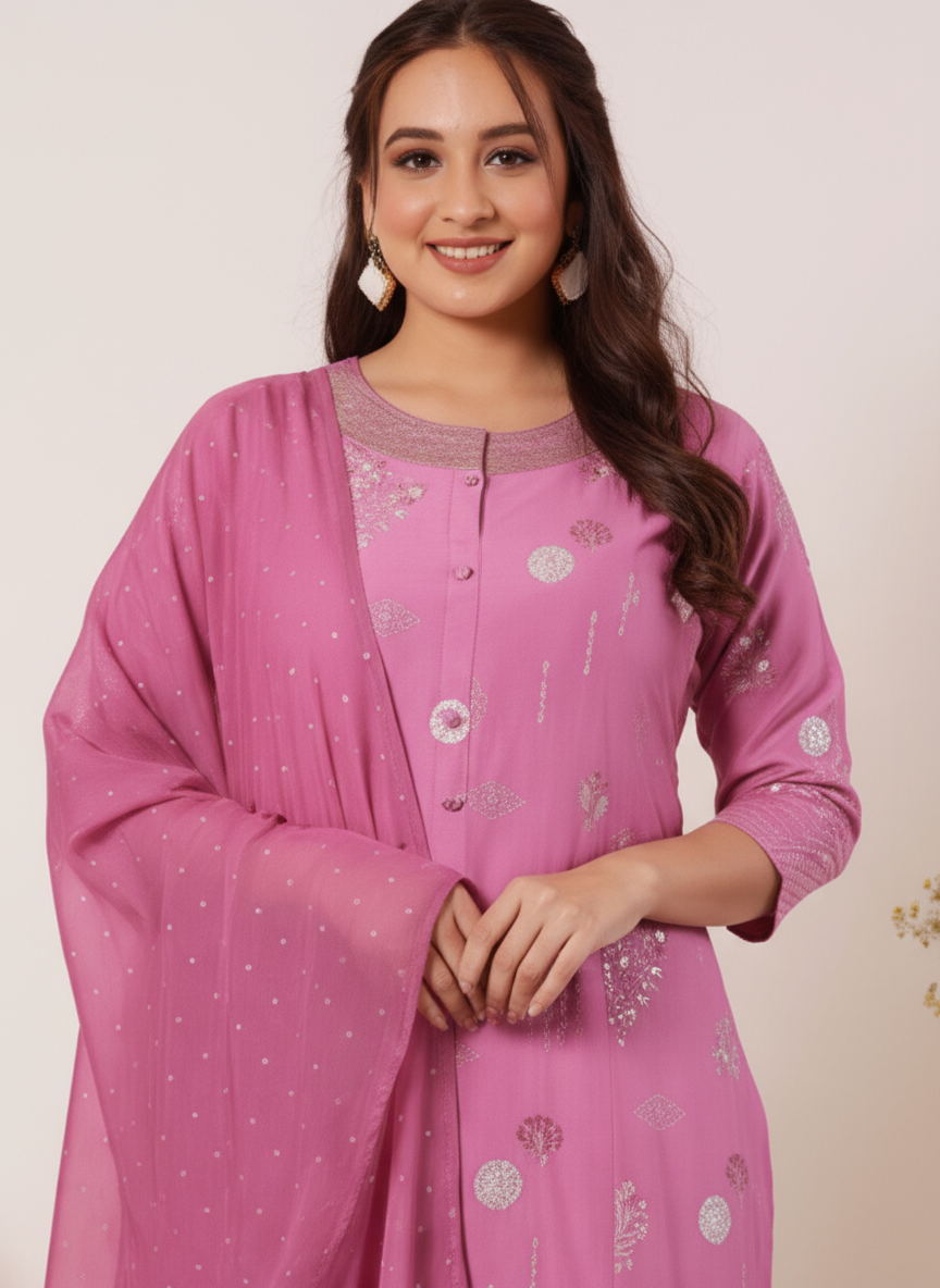 Embroidered Roman silk Floral Flared Purple Kurta