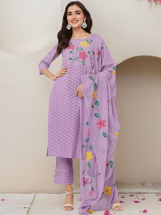 Ishin Floral Embroidered Regular Thread Work Pure Cotton Kurta With Trousers & Dupatta